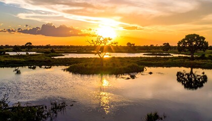 Fototapeta premium A radiant sunset casting long shadows across a tranquil, reflective wetland scene