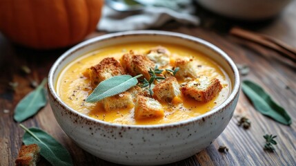 Close-up of a bowl of creamy pumpkin soup with croutons and herbs.