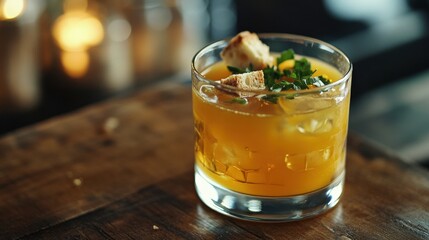 Close-up of an orange-colored cocktail garnished with croutons and herbs.