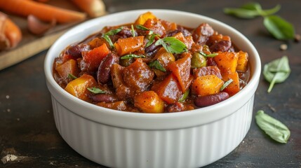 A hearty stew with vegetables and beans in a white bowl.