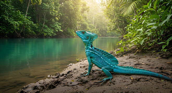 Blue Crested Basilisk by Riverbank - Basiliscus plumifrons