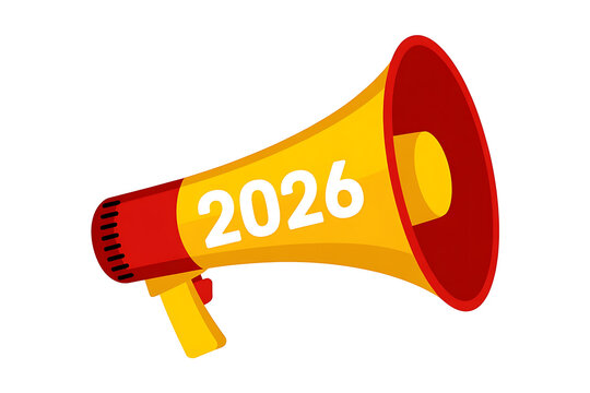 Bold megaphone with vibrant red and yellow hues, displaying the year 2026 prominently.