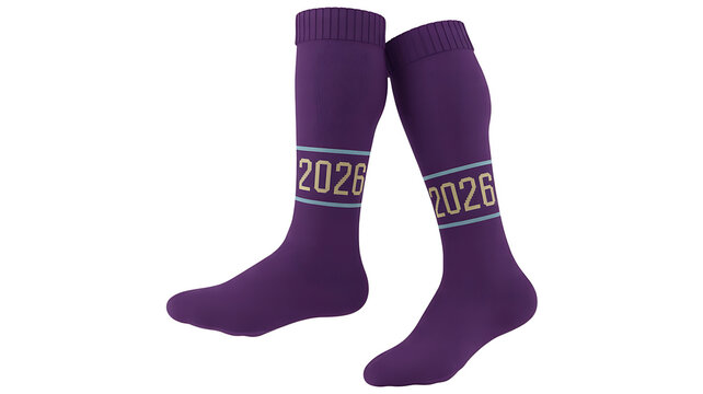 Pair of purple athletic socks display the number 2026 in a horizontal stripe.