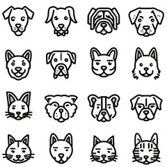 Obraz premium Set of dog and cat head icons in a simple line art style.