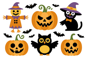 Obraz premium Festive Halloween icons: pumpkins, scarecrow, owl, cat, and bats create spooky fun.
