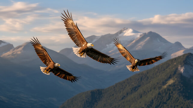 Majestic eagles soar gracefully across a breathtaking mountain landscape bathed in golden light.