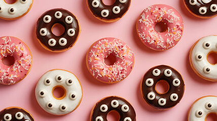 Obraz premium Colorful assortment of glazed donuts arranged on a soft pink background, a sweet treat.
