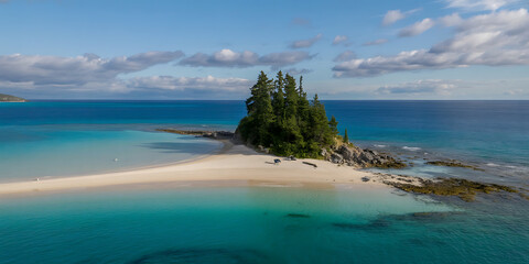 Obraz premium Lush tropical island rises from turquoise waters, surrounded by a pristine white sand beach.