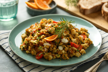 Colorful vegetable medley presented on a plate, fresh herbs and bright citrus accents.