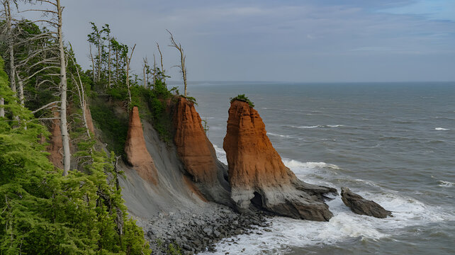 Dramatic rock formations rise from the ocean, sculpted by wind and waves, a rugged coastal scene.