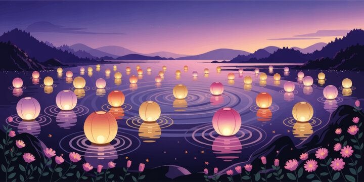 Tranquil Floating Lantern Festival on Lake at Sunset with Mountains and Flowers, Serene Twilight Vector Illustration
