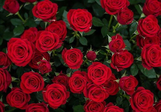 Abundance of Red Roses and Green Leaves Background. Generative Ai - Powered by Adobe