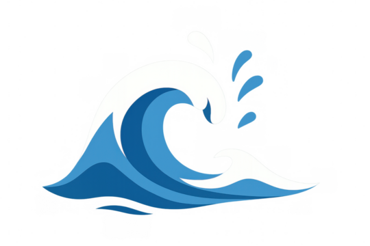 Ocean wave vector graphic depicting a curling crest with splashing water and foam, symbolizing marine power and nature