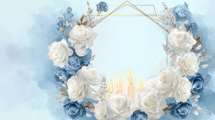 Delicate floral wreath with candles frames a pale blue background.