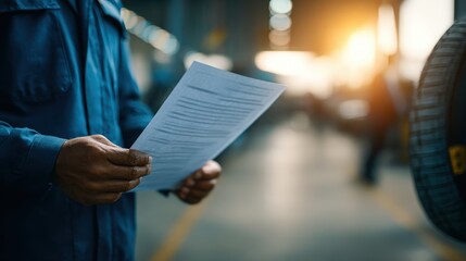 Mechanic reviews service document with a tire in background.
