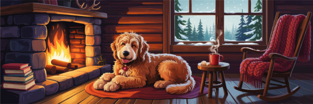 Cozy Winter Cabin Interior with Happy Dog by Fireplace, Rocking Chair, Books, Snowy Window, and Warm Beverages - Vector Illustration