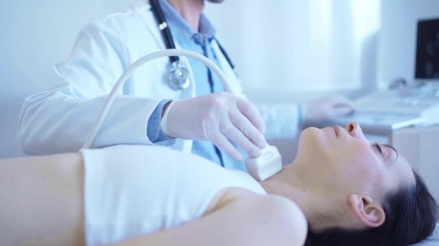Doctor man with white medical coat is using ultrasound machine to examine neck of female patient lying down in clinic procedure cabinet. Medicine service