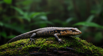 Fototapeta premium Crocodile Skink Resting on Moss - Tribolonotus gracilis