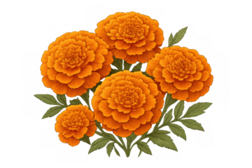 Marigold flowers bouquet for dia de los muertos celebration, a vibrant orange botanical illustration on transparent background