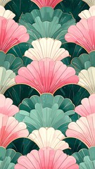 A stylized, symmetrical, floral pattern featuring a range of colorful fan shapes
