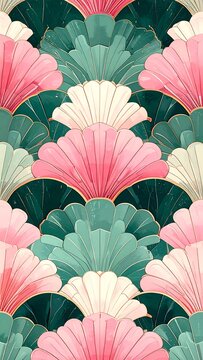 A stylized, symmetrical, floral pattern featuring a range of colorful fan shapes