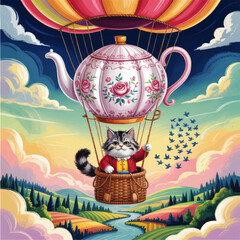 Whimsical Cat Hot Air Balloon Adventure with Floral Teapot Over Colorful Fantasy Landscape &ndash; Cute Animal Illustration