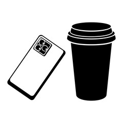 Smartphone and coffee cup silhouette vector icon,minimalist,modern,and elegant design concept,isolated on white background,can be for signs,logo,coffeetime inspiration