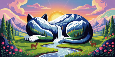 Dreamlike Cat Mountain Landscape Illustration with Waterfall, Sunrise, Forest, and Deer in Vibrant Pastel Colors