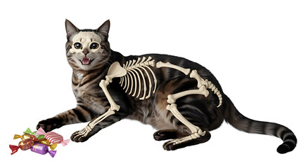 Whimsical feline with skeletal overlay playfully interacts with colorful, scattered candies.