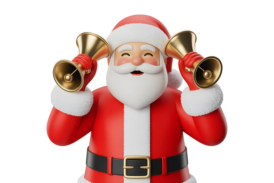 Festive figure in red suit holding golden bells, radiating holiday cheer and joyful anticipation.
