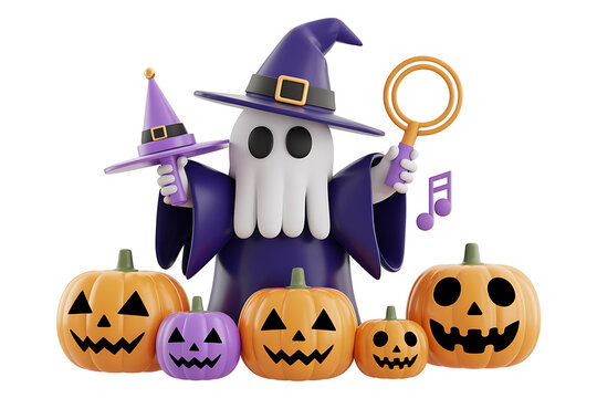 Playful ghost wizard with a hat, wand, and pumpkins, creating a festive Halloween atmosphere.