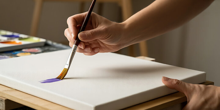 Hand holds paintbrush applying purple paint onto a blank canvas, artistic creation in progress.