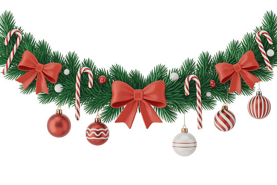 Festive garland adorned with candy canes, bows, and ornaments, evoking holiday cheer.