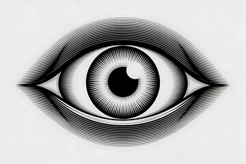 Detailed monochrome eye illustration, radiating focus and scrutiny, with intricate shading and texture.