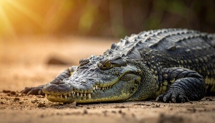 Obraz premium Close-up of a large reptile basking in sunlight on sandy ground