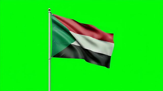 Dynamic Sudanese flag waving proudly on flagpole against vibrant green screen background for easy compositing
