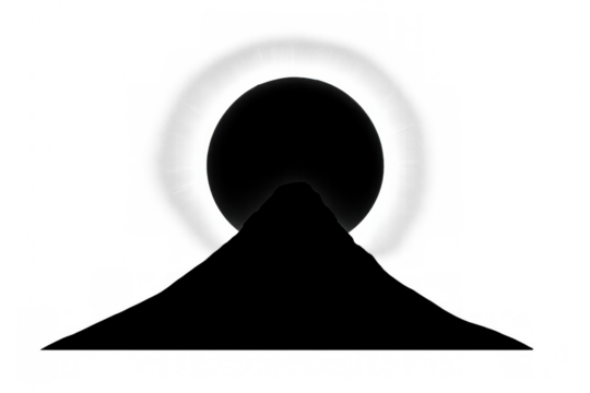 Mountain silhouette with solar eclipse, solar corona, celestial event on transparent background