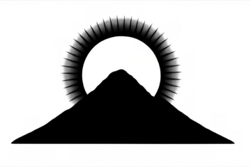 Mountain silhouette against a radiating sun or moon displaying peak, nature, and outdoor concepts. Transparent background
