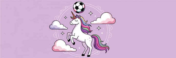 Fototapeta premium Magical Cartoon Unicorn Playing Soccer with Rainbow Mane and Clouds on Pastel Purple Background, Whimsical Fantasy Illustration