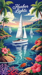 Obraz premium Tropical Harbor Sunset with Sailboats, Palm Trees, Hibiscus Flowers, Sea Turtles, and Vibrant Ocean Landscape Illustration