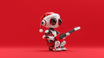 Futuristic robot Santa rocking electric guitar on a minimal pink stage, full of joy and holiday spirit. Perfect for festive ads, music campaigns, branding, and digital celebrations.