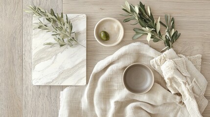 Fototapeta premium Display of fresh olives and natural elements on a rustic wooden table