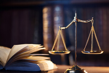 Golden justice scales and open law book in a courtroom library