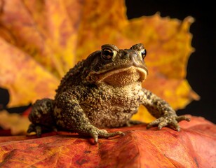 Close-up of a toad perched on a vibrant autumn leaf