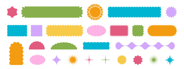 Set of colorful geometric forms with wavy edges. Cute basic shapes with undulated borders. Empty scalloped box, sticker, tag or label templates isolated on white background. Vector flat illustration.