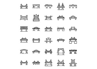 Architectural Bridges: Vector Line Icons, Transportation & Structure Icons: Bridge Designs, Bridge Types and Construction: Outline Icon Set