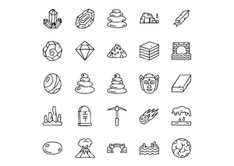 Geology and Gemstone Vector Icons: The Complete Collection, Stone & Mineral Line Art Icons: Rocks, Gems, and Geology, Nature's Hardscapes: Outline Icons of Stones and Crystals
