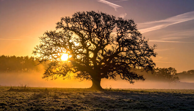 Dramatic backlit sunset photo: large solitary tree in a misty field with intense golden lens flare