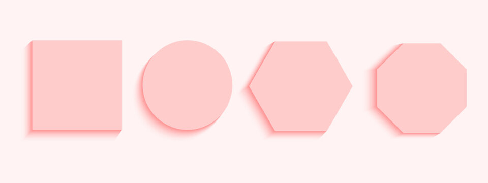 Set of pink geometric podiums, platforms for product presentation or buttons top view. Collection of basic square, round, hexagon and octagon shapes with shadows. Vector realistic illustration.