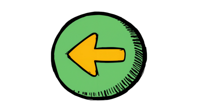 Hand-drawn yellow arrow pointing left inside a green circular button. Sketchy digital illustration for navigation, back, or previous actions
